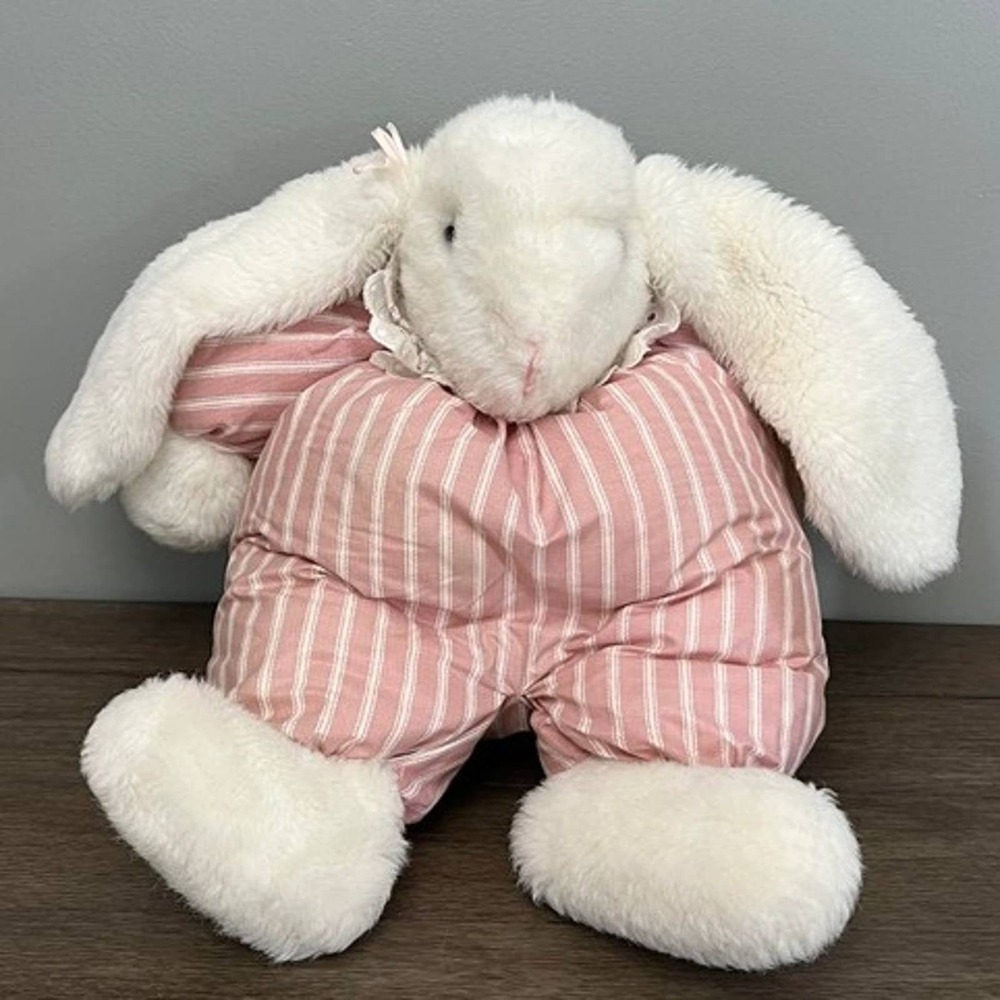 Vintage 1983 ANCO Bunny Rabbit Plush Pink Striped Romper Lace Collar